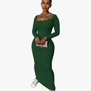 Emerald Green Square Neck Long Sleeve Bodycon Dress